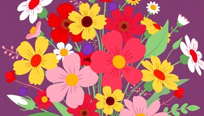 A colorful bouquet of various flowers illustration including orange daisies, red poppies, white daisies, and other vibrant blooms against a light background