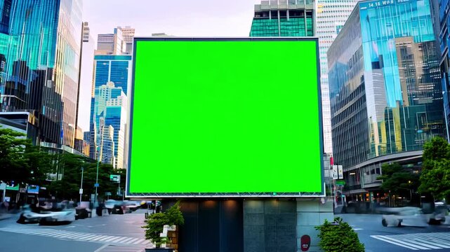Empty Mockup billboard with green screen in modern busy city for Chroma key compositing