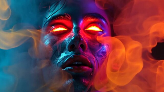 portrait of a person with flames from his eyes in a background