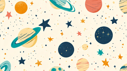 A whimsical space scene filled with planets, stars, and moons in a playful pattern.