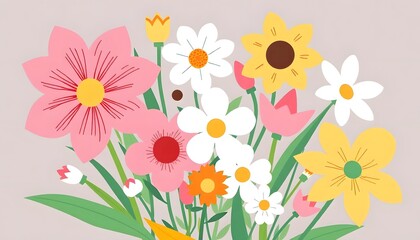 A vibrant bouquet of colorful flowers illustration including red and yellow daisies, pink and white daisies, and green foliage against a white background