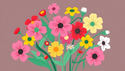 A vibrant bouquet of colorful flowers illustration including red and yellow daisies, pink and white daisies, and green foliage against a white background