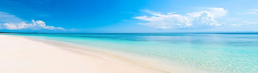 Fototapeta premium A serene beach landscape featuring soft sand and clear blue water under a bright sky, perfect for vacation and relaxation themes.