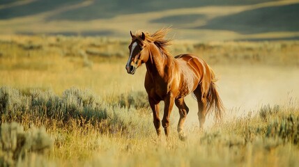 Fototapeta premium Galloping wild horse in motion, capturing the power and grace of the animal as it runs freely across the landscape