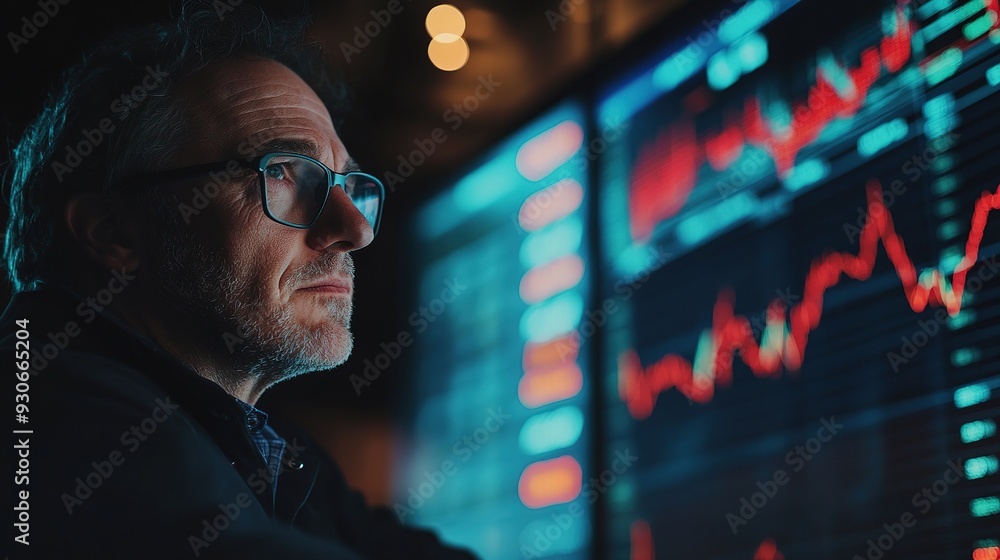 Poster a stock trader analyzing financial charts on a large screen, making decisions based on real-time mar
