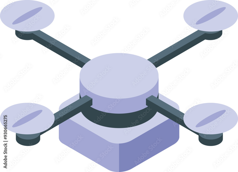 Poster modern drone with four propellers is shown in an isometric view, highlighting its design and functio