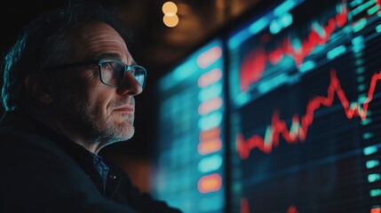A stock trader analyzing financial charts on a large screen, making decisions based on real-time market data