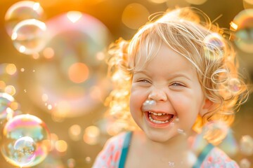 Child Laughing Joyfully Surrounded by Bubbles in a Park Setting