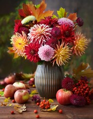Obraz premium Autumn still life with garden flowers. Beautiful autumnal bouquet in vase, apples and berries on wooden table. Colorful dahlia and chrysanthemum.