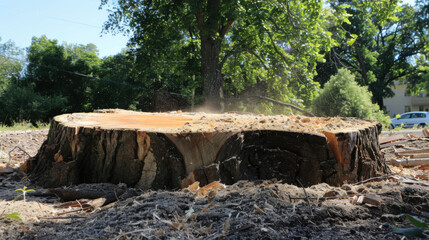 Obraz premium A large tree trunk cut down, with sawdust scattered in the background.