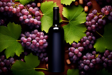 Bird's-eye view of a bottle surrounded by grapes, highlighting superb wine quality.