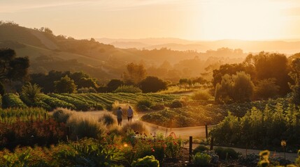 Fototapeta premium Community Vegetable Garden at Sunset with People Tending Plants