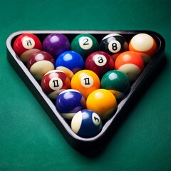 Close-up of colorful billiard balls arranged in triangle on green pool table for game setup