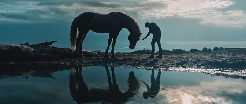 You can lead a horse to water but you can't make him drink - a literal interpretation of a classic idiom with a silhouetted horse and a man near a pond