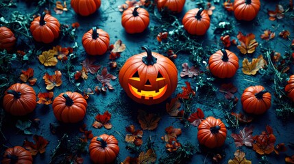 Halloween concept background with pumpkins and Halloween toys, top view with space for text.