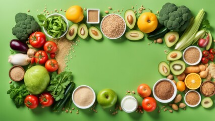 Vibrant Veggie & Fiber Fiesta: A colorful array of fresh fruits, vegetables, and nutritious grains form a vibrant border on a green background, creating a healthy and appetizing frame.