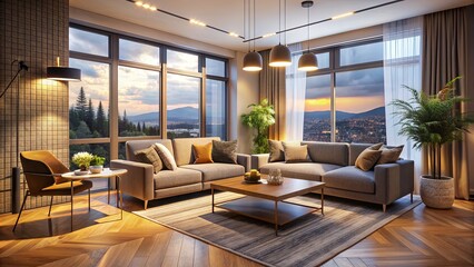 Cozy living room with modern furniture, large windows, and soft lighting, showcasing a warm and inviting atmosphere in a contemporary apartment.