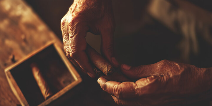 Experienced old aged hands hold a freshly rolled Cuban cigar - detailed image, dramatic natural light and shadow, tones and textures