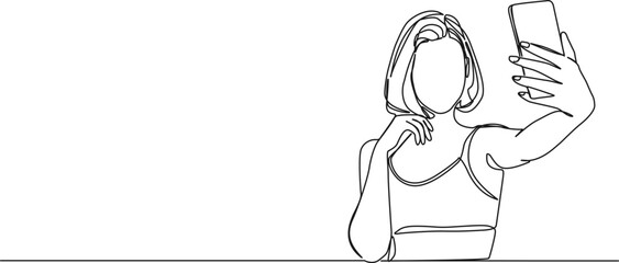 continuous single line drawing of woman taking selfie with smartphone, line art vector illustration