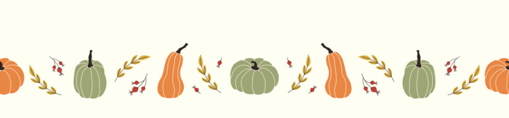 Colorful hand drawn autumn pattern. Seamless background with pumpkins, autumn leaves and berries. Template for wrapping paper, wallpaper and textile design.