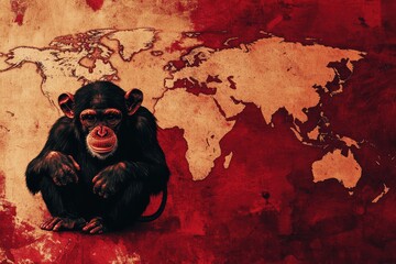 Monkey on the background of a world map, tinted in red, concept epidemic, pandemic, monkeypox
