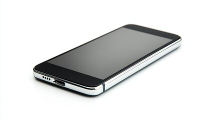 A black smartphone with a blank screen lies on a white surface, representing a modern technology concept, communication, mobile device, app design, and digital experience.