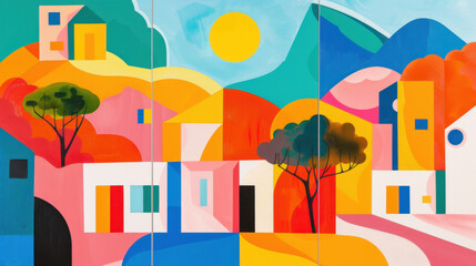 Three abstract geometric wall art panels featuring vibrant houses and trees.