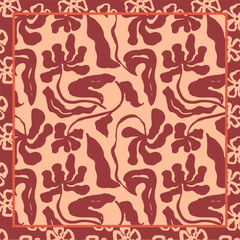 Monochrome peach and red color brush strokes inky flowers scarf or bandana design. Abstract floral contemporary background.