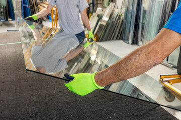 Glaziers place a large sheet of thick glass on the table by hand. Glass work