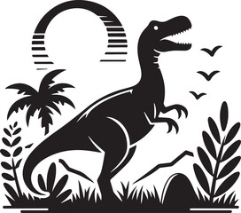 Fototapeta premium dinosaur and tree black and white silhouette vector art flat graphic design background outline illustrations