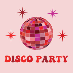 Disco ball party illustration in red, orange, black and purple with little stars. Disco vintage poster for retro 70s party