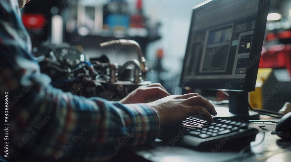 Poster A mechanic uses a computer to conduct diagnostics while working on an engine repair in a busy auto repair shop. Generative AI