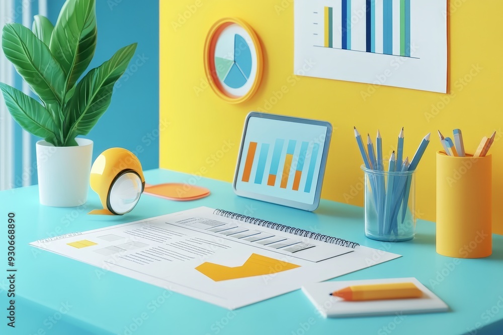 Poster a clean and organized workspace featuring a tablet displaying data graphs, colorful pencils in a gla