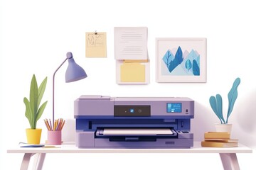 Fototapeta premium A clean and stylish office desk with a modern printer, a lamp, potted plants, and decorative artwork, symbolizing productivity, creativity, and home office setup.