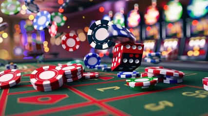 Dice, poker chips, and playing cards on a laptop keyboard depict online gambling and the thrill of online casinos.