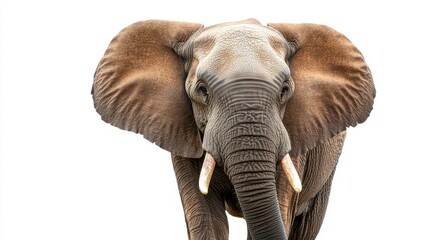 Fototapeta premium A close-up portrait of an African elephant, capturing its powerful presence and intelligent gaze. The elephant's wrinkled skin, large ears, and tusks are prominent, showcasing the beauty and majesty o