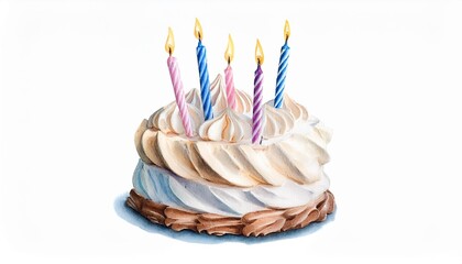 watercolor birthday meringue cake with five candles isolated on white background birthday...