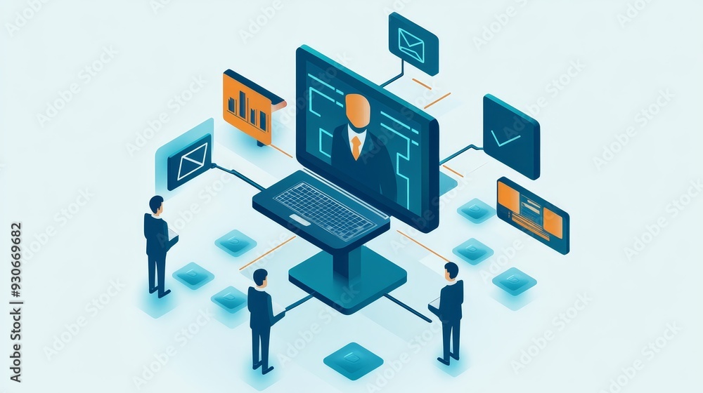 Poster a computer monitor with a businessman's avatar, symbolizing a leader or a team, connected to several