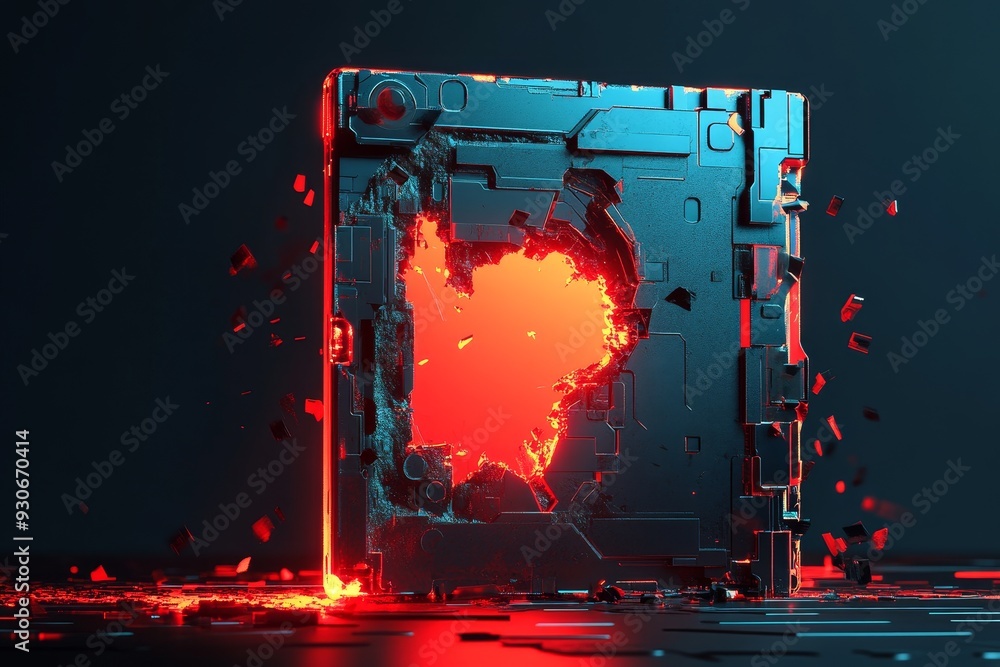 Poster a futuristic cube structure with a large hole revealing a bright red glow, symbolizing technological