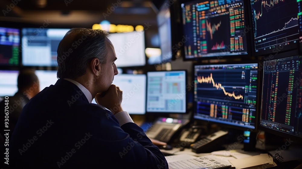 Poster a stock trader monitoring multiple screens with real-time market data and financial charts in a busy