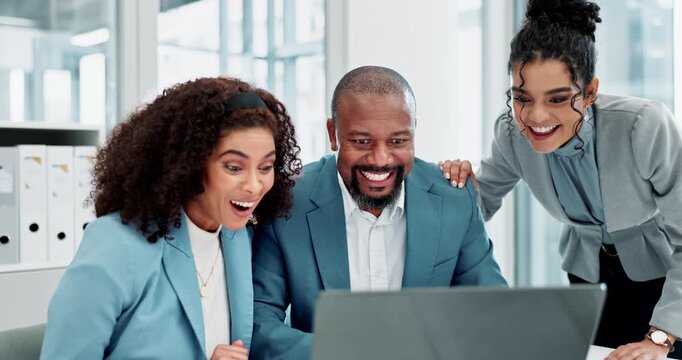 Business, people and cheering in office, laptop and success of pitch, desk and collaboration in company. Corporate, women and reading of email by man, proposal and congratulations for deal and bank