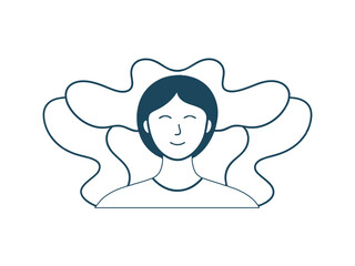The concept of mental health. A young woman smiles and hugs her brain, symbolizing concern for mental health. Flat vector illustration