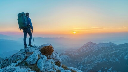 Hiker Celebrating Achievement on Mountain Peak During Sunrise