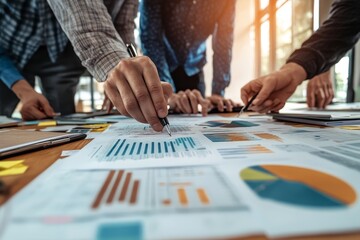 A group of business professionals collaborate, reviewing charts, graphs, and data, representing teamwork, analysis, strategy, and financial planning.