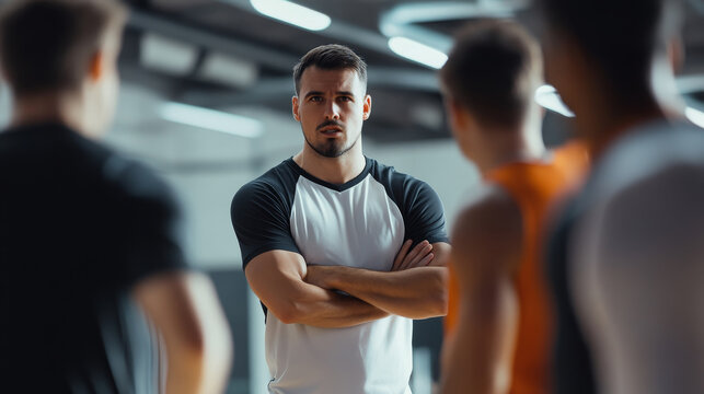 A determined fitness coach stands with arms crossed, addressing his team in a gym, symbolizing motivation, leadership, teamwork, and fitness goals.