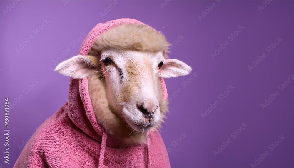 Wall mural a stylish sheep with fluffy wool dressed in a pink hoodie against a purple background