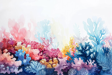A painting of a colorful coral reef with a variety of sea creatures