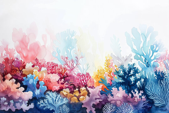 A painting of a colorful coral reef with a variety of sea creatures