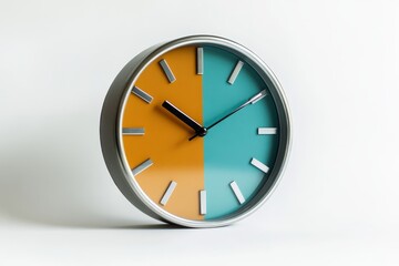 A minimalist wall clock featuring a sleek design, a split color scheme of orange and blue, and black hands, symbolizing time, organization, style, productivity, and color.
