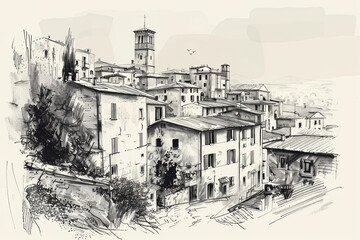 A drawing of a town with a church in the background